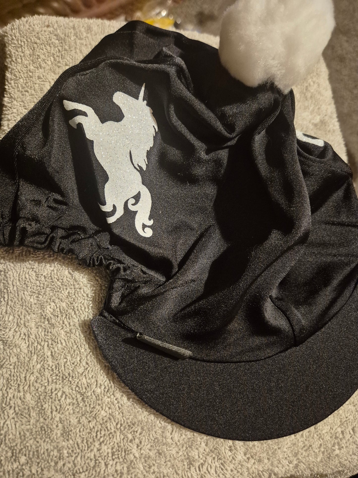 Capz Lycra Cap Cover Unicorn Pom Pom - Black with Silver Sparkly Unicorns (14)