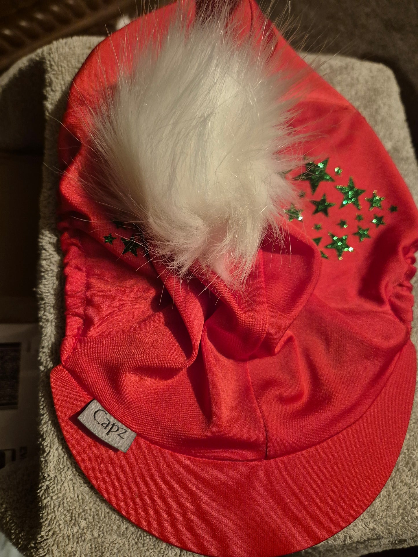 Capz Lycra Cap Cover  - Red with Green Stars & Pom Pom (16)