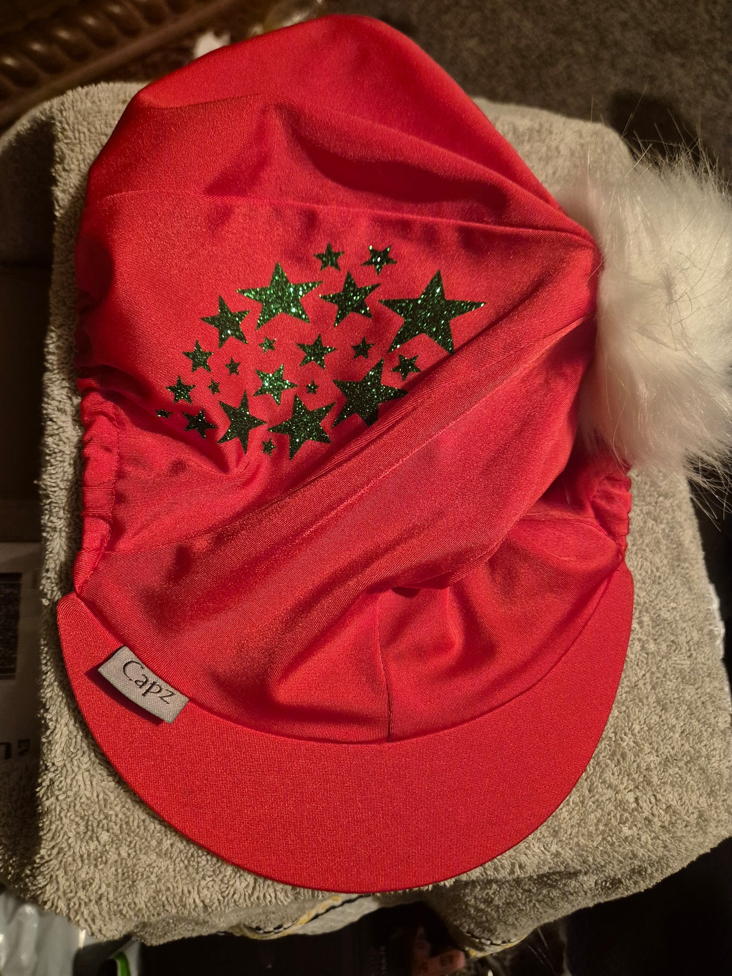 Capz Lycra Cap Cover  - Red with Green Stars & Pom Pom (16)