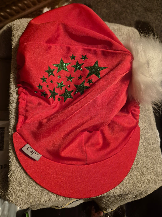 Capz Lycra Cap Cover  - Red with Green Stars & Pom Pom (16)