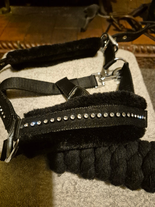 New Black Shetland Diamonte Headcollar & Leadrope (49)